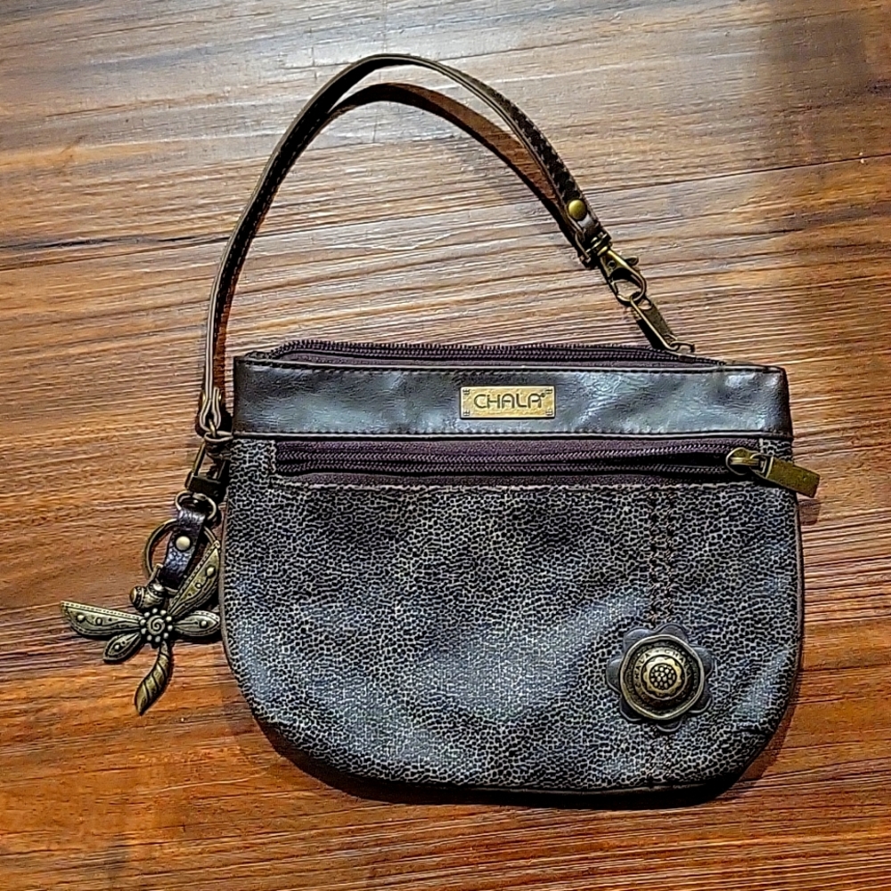Chala Brown Faux Leather Small Handbag Dragonfly 5x8 inches